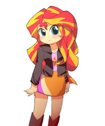 Size: 1000x1200 | Tagged: safe, artist:leo19969525, sunset shimmer, equestria girls, g4, blush sticker, blushing, clothes, cute, female, looking at you, shimmerbetes, simple background, skirt, smiling, smiling at you, solo, white background
