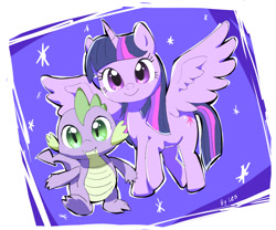 Size: 1200x1000 | Tagged: safe, artist:leo19969525, spike, twilight sparkle, alicorn, dragon, pony, g4, cute, cute little fangs, duo, fangs, female, happy, looking at you, male, smiling, spikabetes, spread wings, twiabetes, twilight sparkle (alicorn), wings