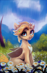 Size: 1500x2312 | Tagged: safe, artist:hierozaki, oc, oc only, pegasus, pony, chest fluff, cloud, flower, grass, pale belly, sitting, solo, tree