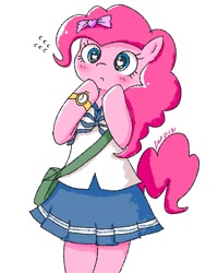 Size: 899x1124 | Tagged: safe, artist:leo19969525, pinkie pie, earth pony, semi-anthro, g4, arm hooves, blushing, clothes, cute, diapinkes, female, heart, purse, school uniform, schoolgirl, simple background, skirt, solo, watch, white background