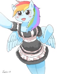 Size: 899x1124 | Tagged: safe, artist:leo19969525, rainbow dash, pegasus, semi-anthro, g4, arm hooves, blushing, clothes, cute, dashabetes, female, maid, open mouth, open smile, rainbow maid, simple background, smiling, solo, spread wings, white background, wings