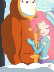 Size: 768x1024 | Tagged: safe, artist:dashdeviant, artist:siuleuquirne89, bulk biceps, pinkie pie, equestria girls, g4, clothes, eyes closed, female, height difference, hug, jacket, larger male, male, pieceps, shipping, size difference, smaller female, straight, winter outfit