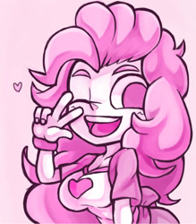 Size: 1042x1191 | Tagged: safe, artist:kyouman1010, pinkie pie, equestria girls, g4, breasts, busty pinkie pie, female, heart, one eye closed, open mouth, peace sign, simple background, solo