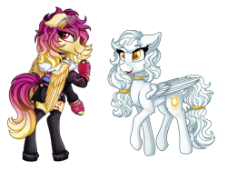 Size: 2200x1650 | Tagged: safe, artist:stainedglasslighthea, oc, oc only, oc:aurelia, oc:sunrise skies, pegasus, pony, bedroom eyes, bipedal, bisexual pride flag, boots, butt, choker, clothes, commission, duo, ear piercing, earring, eyeshadow, female, fingerless gloves, freckles, gay pride flag, gloves, grin, jacket, jewelry, makeup, mare, open mouth, piercing, plot, pride, pride flag, raised hoof, shoes, shorts, simple background, smiling, socks, stockings, sunglasses, tanktop, thigh highs, transparent background, unshorn fetlocks