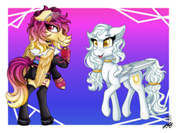Size: 2200x1650 | Tagged: safe, alternate version, artist:stainedglasslighthea, oc, oc only, oc:aurelia, oc:sunrise skies, pegasus, pony, bedroom eyes, bipedal, bisexual pride flag, boots, butt, choker, clothes, commission, duo, ear piercing, earring, eyeshadow, female, fingerless gloves, freckles, gay pride flag, gloves, grin, jacket, jewelry, makeup, mare, open mouth, piercing, plot, pride, pride flag, raised hoof, shoes, shorts, smiling, socks, stockings, sunglasses, tank top, thigh highs, unshorn fetlocks