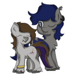 Size: 2104x2180 | Tagged: safe, artist:lil_vampirecj, derpibooru exclusive, oc, oc:cj vampire, oc:zephyr star, bat pony, earth pony, pony, 2022 community collab, derpibooru community collaboration, bat pony oc, blue eyes, blue mane, blue tail, brown mane, brown tail, cel shading, cutie mark, digital art, fangs, fluffy, grey fur, high res, hooves, jewelry, krita, looking at each other, looking at someone, purple tail highlight, ring, shading, shipping, simple background, smiling, smiling at each other, tail, transparent background