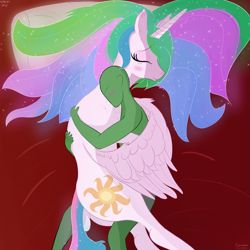 Size: 3000x3000 | Tagged: safe, alternate version, artist:enonnnymous, princess celestia, oc, oc:anon, alicorn, human, pony, g4, /sun/, bed, blushing, chest fluff, cuddling, cute, cutelestia, dock, duo, eyes closed, high res, hug, human on pony snuggling, love, lying down, pillow, sigh, sleeping, smiling, snuggling, tail, tired, winghug, wings