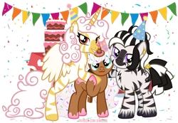 Size: 1100x761 | Tagged: safe, artist:jennieoo, oc, oc only, oc:adrianee, oc:donut daydream, oc:princess coke, alicorn, pony, zebra, adream, birthday, birthday cake, cake, confetti, food, group hug, hat, hug, party, party hat, show accurate, simple background, transparent background