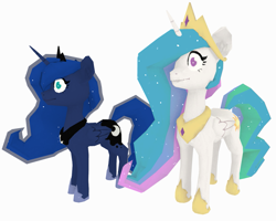 Size: 1245x997 | Tagged: safe, artist:marsminer, princess celestia, princess luna, alicorn, pony, g4, 3d, crown, duo, duo female, female, folded wings, full body, hoof shoes, horn, jewelry, mare, no pupils, peytral, regalia, royal sisters, siblings, simple background, sisters, standing, vrchat, white background, wings