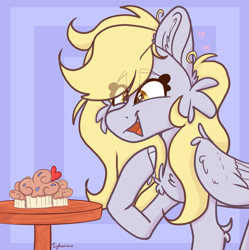 Size: 1993x2000 | Tagged: safe, artist:tizhonolulu, derpy hooves, pegasus, pony, g4, cheek fluff, chest fluff, food, happy, heart eyes, muffin, solo, table, wingding eyes