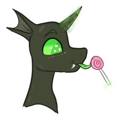 Size: 1113x1051 | Tagged: safe, artist:tizhonolulu, oc, oc only, changeling, pony, blushing, candy, fangs, food, green changeling, heart eyes, lollipop, magic, simple background, solo, tongue out, white background, wingding eyes