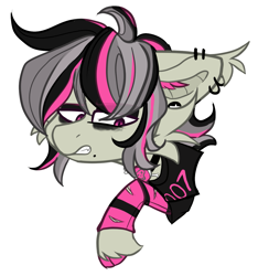 Size: 1239x1326 | Tagged: safe, artist:tizhonolulu, oc, oc only, oc:gravel shine, bat pony, pony, angry, cheek fluff, clothes, ear piercing, piercing, simple background, solo, unshorn fetlocks, white background