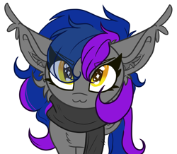 Size: 1968x1716 | Tagged: safe, artist:tizhonolulu, oc, oc only, oc:varyus, bat pony, pony, cheek fluff, clothes, looking at you, looking up, scarf, simple background, solo, up to no good, white background