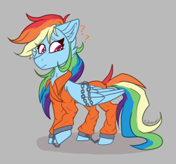 Size: 1676x1559 | Tagged: safe, artist:tizhonolulu, rainbow dash, pegasus, pony, g4, chains, cheek fluff, clothes, confused, prison outfit, prisoner, prisoner rd, solo