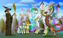 Size: 1280x778 | Tagged: safe, artist:amalgamzaku, discord, princess celestia, spitfire, oc, oc:passionate heart, alicorn, draconequus, human, pegasus, pony, fanfic:child of two worlds, g4, alicorn oc, broom, clothes, draco malfoy, dress, fanfic art, female, filly, harry potter (series), horn, minerva mcgonagall, open mouth, ponified, wings