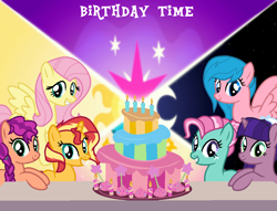 Size: 1018x776 | Tagged: safe, artist:cloudyponyartists, artist:hate-love12, firefly, fluttershy, kimono, minty, princess cadance, princess celestia, princess luna, sunny starscout, sunset shimmer, twilight sparkle, earth pony, pegasus, pony, unicorn, g1, g3, g4, g5, my little pony: a new generation, base used, birthday cake, cake, cutie mark, food, g1 to g4, g3 to g4, g5 to g4, generation leap
