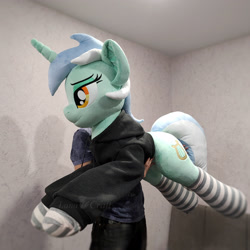 Size: 3160x3160 | Tagged: safe, artist:lanacraft, lyra heartstrings, pony, unicorn, fanfic:background pony, g4, background pony, clothes, dig the swell hoodie, high res, hoodie, irl, life size, photo, plushie, socks, striped socks
