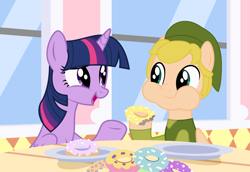 Size: 3600x2475 | Tagged: safe, artist:rerorir, artist:user15432, twilight sparkle, alicorn, pegasus, pony, g4, the ending of the end, base used, chat, chatting, clothes, crossover, cute, donut, eating, elf hat, food, green clothes, green hat, hat, high res, link, link's hat, link's tunic, looking at each other, looking at someone, nintendo, open mouth, ponified, the legend of zelda, the legend of zelda: the wind waker, toon link, tunic, twilight sparkle (alicorn)