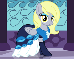 Size: 2113x1684 | Tagged: safe, artist:badumsquish, derpibooru exclusive, derpy hooves, pegasus, pony, alternate hairstyle, beautiful, clothes, cute, cutie mark, cutie mark on clothes, derpabetes, dress, eyeshadow, female, folded wings, gala dress, grand galloping gala, jewelry, kneesocks, lidded eyes, lipstick, looking at you, looking at you but also not looking at you, makeup, mare, palace, pose, smiling, socks, solo, wings