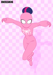 Size: 2480x3508 | Tagged: safe, artist:excelso36, sci-twi, twilight sparkle, equestria girls, g4, bodysuit, clothes, high res, male, marvel, simple background, solo, spider-man