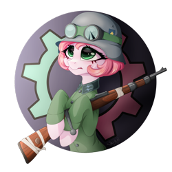 Size: 1920x1920 | Tagged: oc name needed, safe, artist:stahlkat, oc, oc only, earth pony, pony, bangs, bust, buttons, clothes, cracked glass, cutie mark, cutie mark on clothes, earth pony oc, eyelashes, gear, goggles, goggles on head, green eyes, gun, helmet, military uniform, out of frame, pink hair, princess celestia's cutie mark, rifle, signature, simple background, solo, transparent background, uniform, weapon