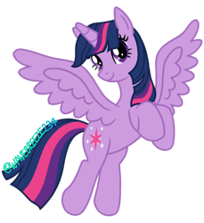 Size: 850x926 | Tagged: safe, artist:wavebreeze234, twilight sparkle, alicorn, pony, g4, female, full body, horn, mare, multicolored mane, multicolored tail, purple eyes, simple background, smiling, solo, spread wings, tail, transparent background, twilight sparkle (alicorn), wings