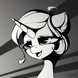 Size: 1920x1920 | Tagged: oc name needed, safe, artist:stahlkat, oc, oc only, pony, unicorn, ahoge, black and white, bust, digital art, ear fluff, eyelashes, floppy ears, grayscale, horn, looking at something, monochrome, open mouth, portrait, signature, solo, teeth, unicorn oc