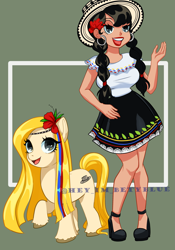 Size: 2501x3565 | Tagged: safe, artist:hey-im-betyblue, oc, oc only, oc:isabella blend, earth pony, human, pony, clothes, colombia, ear piercing, earring, female, flower, flower in hair, hat, high heels, high res, human ponidox, humanized, humanized oc, jewelry, lipstick, makeup, mare, multicolored hair, open mouth, piercing, self paradox, self ponidox, shirt, shoes, skirt, solo, unshorn fetlocks