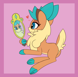 Size: 3828x3811 | Tagged: safe, artist:mrneo, velvet (tfh), deer, reindeer, them's fightin' herds, butt, cloven hooves, community related, heart, high res, looking at mirror, looking at self, lying down, mirror, narcissism, pink background, plot, simple background, solo, vanity, velvetbutt