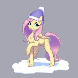 Size: 3200x3200 | Tagged: safe, artist:aquaticvibes, fluttershy, pegasus, pony, g4, cute, eyebrows, eyebrows visible through hair, female, gray background, hat, high res, mare, open mouth, open smile, raised hoof, shyabetes, simple background, smiling, snow, solo, winter hat