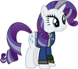 Size: 3371x3000 | Tagged: safe, artist:cloudy glow, artist:php170, rarity, pony, unicorn, fallout equestria, g4, the last problem, bags under eyes, clothes, eyeshadow, fallout, fallout 76, female, grey hair, high res, jumpsuit, makeup, mare, older, older rarity, pip-boy 2000 mark vi, pipboy, simple background, skunk stripe, smiling, solo, transparent background, vault suit, vector