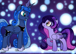 Size: 1063x752 | Tagged: safe, artist:pony-berserker, artist:saturdaymorningproj, princess luna, oc, oc:star cluster, g4, dream realm