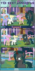 Size: 1764x3535 | Tagged: safe, artist:shootingstarsentry, auburn vision, strawberry scoop, summer breeze, oc, oc:nightshade (digimonlover101), changepony, earth pony, hybrid, pegasus, pony, comic:the next generation, comic, friendship student, interspecies offspring, offspring, parent:king sombra, parent:queen chrysalis, parents:chrysombra