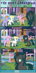 Size: 1764x3535 | Tagged: safe, artist:shootingstarsentry, auburn vision, strawberry scoop, summer breeze, oc, oc:nightshade (digimonlover101), changepony, earth pony, hybrid, pegasus, pony, comic:the next generation, g4, comic, friendship student, interspecies offspring, offspring, parent:king sombra, parent:queen chrysalis, parents:chrysombra