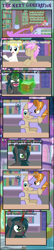 Size: 1008x4631 | Tagged: safe, artist:shootingstarsentry, auburn vision, strawberry scoop, summer breeze, oc, oc:nightshade (digimonlover101), changepony, earth pony, hybrid, pony, spider, star spider, comic:the next generation, book, bookshelf, comic, female, filly, friendship student, glowing, glowing horn, horn, interspecies offspring, magic, offspring, parent:king sombra, parent:queen chrysalis, parents:chrysombra, starry eyes, telekinesis, wingding eyes
