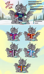 Size: 1920x3194 | Tagged: safe, artist:light262, oc, alicorn, pony, advertisement, base pony, clothes, commission, couple, female, generic pony, hearth's warming eve, horn, male, scarf, snow, spread wings, wings, winter, ych example, your character here