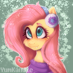 Size: 3500x3500 | Tagged: safe, artist:yumkandie, fluttershy, pegasus, pony, g4, my little pony best gift ever, cheek fluff, chest fluff, clothes, cute, cute little fangs, earmuffs, fangs, female, heart eyes, high res, mare, shyabetes, snow, solo, sweater, watermark, wingding eyes, winter outfit