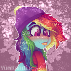 Size: 3500x3500 | Tagged: safe, artist:yumkandie, rainbow dash, pegasus, pony, best gift ever, g4, clothes, cute, dashabetes, hat, heart eyes, high res, scarf, snow, solo, wingding eyes, winter outfit