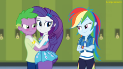 Size: 3642x2048 | Tagged: safe, artist:georgegarza01, rainbow dash, rarity, spike, equestria girls, g4, annoyed, armband, blushing, canterlot high, clothes, crossed arms, embarrassed, faic, female, frown, geode of shielding, geode of super speed, high res, human spike, leggings, looking at someone, looking back, magical geodes, male, rarity is not amused, rarity peplum dress, ship:sparity, shipping, shirt, smiling, smirk, smug, smugdash, spike is not amused, story included, straight, trio, unamused