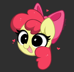 Size: 1194x1155 | Tagged: safe, artist:kittyrosie, apple bloom, earth pony, pony, g4, adorabloom, blushing, cute, dilated pupils, female, filly, floating heart, gray background, head only, heart, open mouth, open smile, simple background, smiling, solo