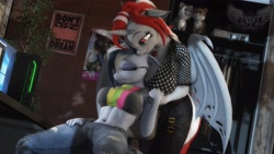 Size: 3840x2160 | Tagged: safe, artist:skyleesfm, oc, oc only, oc:lovers, oc:skye light, alicorn, pegasus, anthro, plantigrade anthro, 3d, alicorn oc, bat ears, bat wings, belly button, box, breasts, clothes, comforting, computer, crying, d.va, energy drink, eyes closed, female, glasses, hand on shoulder, head pat, high res, horn, hug, jeans, jewelry, looking at someone, microsoft windows, monitor, monster energy, necklace, overwatch, pants, pat, pegasus oc, plushie, poster, shirt, smiling, source filmmaker, toy, wardrobe, windows 10, wingless, wingless anthro, wings