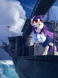 Size: 2389x3187 | Tagged: safe, artist:blue ink, oc, oc only, oc:sunset cloudy, bat pony, battleship, clothes, cloud, detailed background, fighter, high res, ocean, purple hair, purple wings, red eyes, sailor suit, sailor uniform, uniform, warship, white body, wings