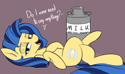 Size: 2416x1438 | Tagged: safe, alternate version, artist:pinkberry, oc, oc:milky way, earth pony, pony, bedroom eyes, dialogue, implied breast milk, looking at you, lying down, milk, on back, open mouth, open smile, smiling, solo, speech, talking, talking to viewer, text