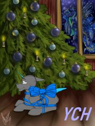 Size: 3000x4000 | Tagged: safe, artist:stirren, princess luna, pony, g4, bow, christmas, christmas tree, commission, holiday, looking at you, pine tree, present, tree, wrapped, your character here