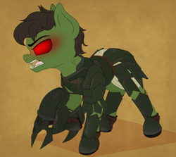 Size: 5232x4677 | Tagged: safe, artist:thehuskylord, pony, angry, armor, boots, commission, glowing, glowing eyes, goblin pony, helmet, pauldron, red eyes, red sclera, sabaton, shoes, simple background, solo, tooth, underbite