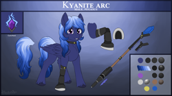 Size: 8100x4550 | Tagged: safe, artist:stardustspix, oc, oc only, oc:kyanite arc, pegasus, pony, amputee, cutie mark, gem, looking at you, male, prosthetic leg, prosthetic limb, prosthetics, reference sheet, smiling, solo, staff, stallion