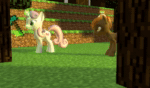 Size: 1224x720 | Tagged: safe, artist:acid flask, button mash, sweetie belle, earth pony, pony, unicorn, g4, 3d, animated, axe, blinking, colt, day, diamond axe, door, female, filly, foal, male, mare, minecraft, open door, smiling, sound, source filmmaker, tree, weapon, webm, youtube, youtube link