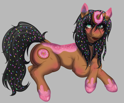 Size: 3816x3192 | Tagged: safe, artist:salemsalami, oc, oc only, oc:donut daydream, food pony, pony, unicorn, butt, choker, commission, donut, fetlock tuft, food, goth, high res, pastry, plot, ponified, salem-succu, semi-realistic, solo