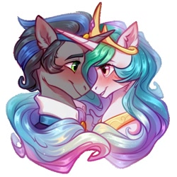 Size: 600x600 | Tagged: safe, artist:fenwaru, king sombra, princess celestia, alicorn, pony, unicorn, g4, blushing, bust, crown, ear fluff, female, good king sombra, horn, horns are touching, jewelry, looking at each other, looking at someone, male, mare, regalia, ship:celestibra, shipping, simple background, smiling, stallion, straight, white background