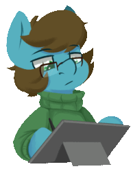 Size: 705x907 | Tagged: safe, artist:modularpon, oc, oc:modular, pony, animated, blinking, clothes, drawing, ear flick, glasses, simple background, solo, stylus, sweater, tablet, transparent background